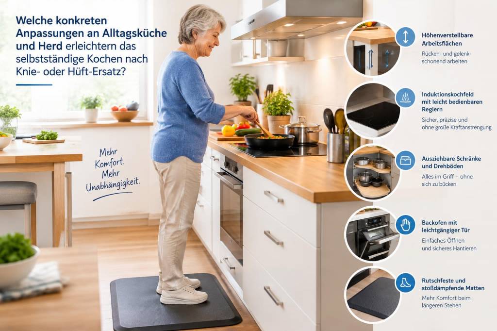 Welche konkreten anpassungen an alltagsküche und herd erleichtern das selbstständige kochen nach knie‑ oder hüft‑ersatz